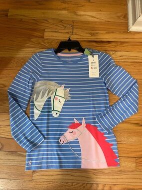 Joules Blue & White Striped Long-Sleeve Top with Pink and Silver Horse Appliqués